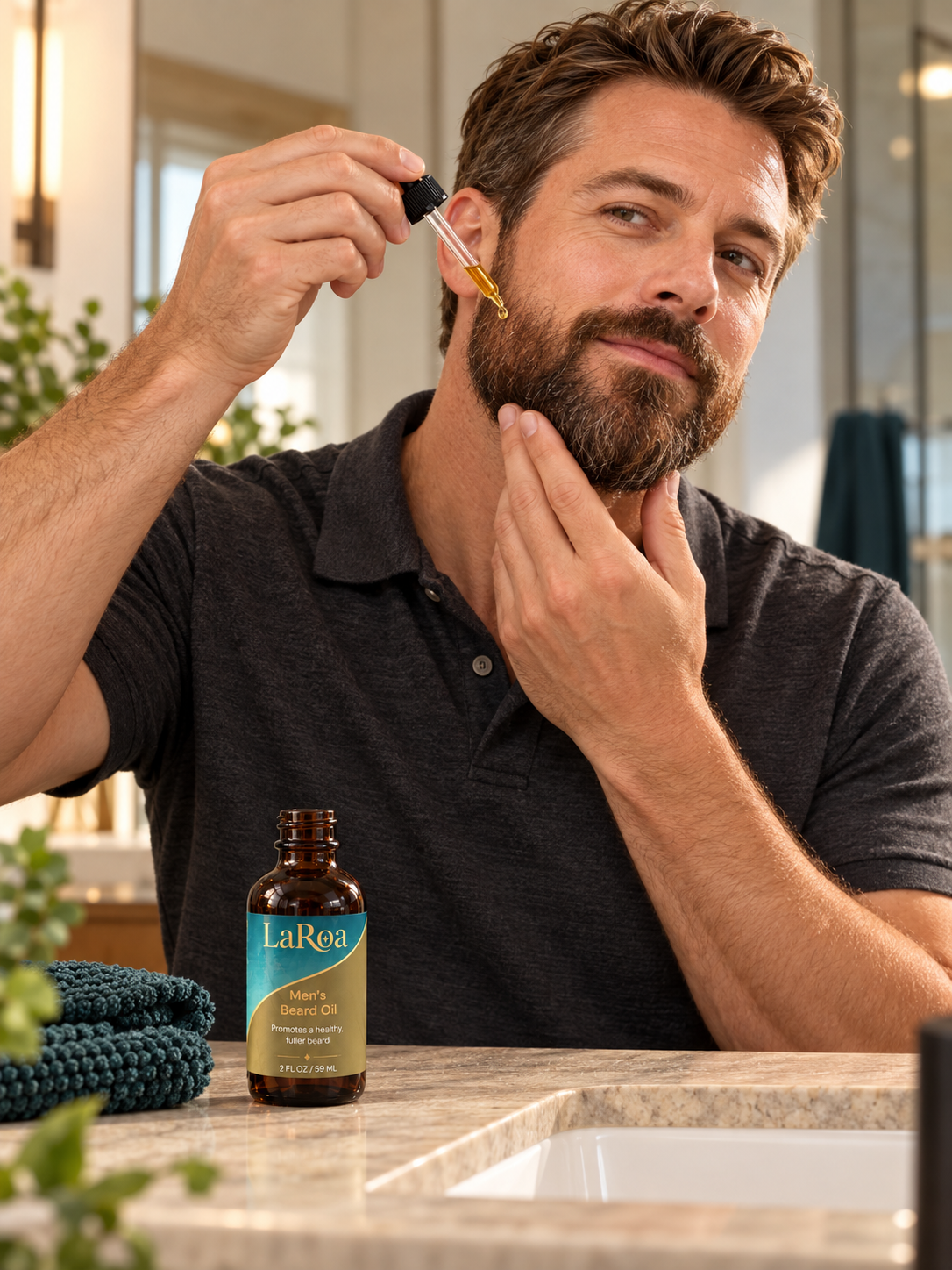 Man applying LaRoa men's beard oil at a bathroom vanity