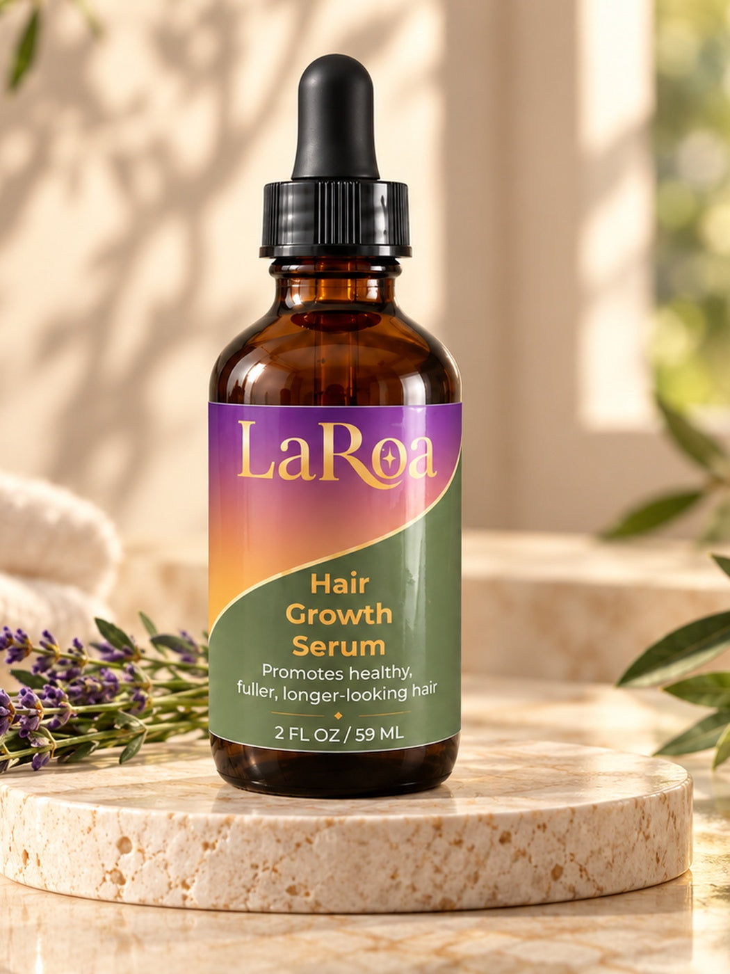 LaRoa hair growth serum on a stone riser with lavender in warm sunlight